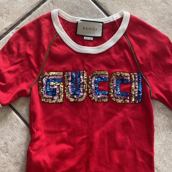 Gucci Red Sequin Logo Ringer Tee - Ribbed Jersey Knit Shirt XXS | EUC - Picture 4 of 8